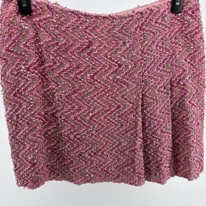 Vintage Anna Sui Pink Bouclé Tweed Mini Skirt Y2K Designer Sequin Texture Sz 12